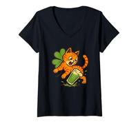 Women's St Patrick Cat Shamrock Beer V-Neck T-Shirt