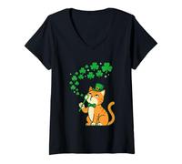 Women's St Patrick’s Day Cute Irish Cat Blowing Bubbles Lucky Clover V-Neck T-Shirt
