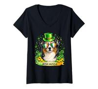 Women's St Patrick’s Day Irish Australian Shepherd Lucky Shamrock V-Neck T-Shirt
