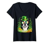 Women's St Patrick’s Day Irish Boston Terrier Lucky Shamrock V-Neck T-Shirt