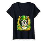 Women's St Patrick’s Day Irish Boston Terrier Lucky Shamrock V-Neck T-Shirt
