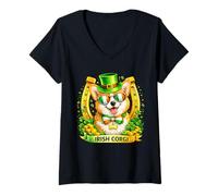 Women's St Patrick’s Day Irish Pembroke Welsh Corgi Lucky Shamrock V-Neck T-Shirt