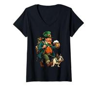 Women's St. Patrick’s Day Leprechaun with Beer Boston Terrier Dog V-Neck T-Shirt