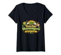 Women's St Patrick’s Day Teacher Lucky Teach Shenanigans Begin Here V-Neck T-Shirt