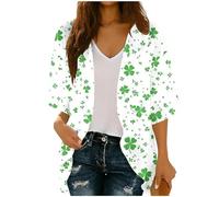 Women's St. Patrick's Day Cardigan 3/4 Sleeve Jacket Lucky Irish Shamrock Open Front Coat 3D Printed Outerwear Ireland Clover Shirts Green Tops Casual Loose Blouse Ladies Paddy's Day Outfits