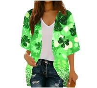 Women's St. Patrick's Day Cardigan 3/4 Sleeve Jacket Lucky Irish Shamrock Open Front Coat 3D Printed Outerwear Ireland Clover Shirts Green Tops Casual Loose Blouse Ladies Paddy's Day Outfits