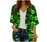 Women's St. Patrick's Day Cardigan 3/4 Sleeve Jacket Lucky Irish Shamrock Open Front Coat 3D Printed Outerwear Ireland Clover Shirts Green Tops Casual Loose Blouse Ladies Paddy's Day Outfits