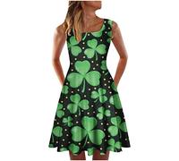 Women's St. Patrick's Day Fancy Dress Clearance Irish Lucky Shamrocks Dress Sleeveless St Paddys Day Dress Green 3D Printed Midi Dress Teen Girl Ladies A Line Skirt Swing Party Dresses