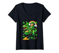 Women's St. Patrick's Day Irish Man Riding T-Rex Clovers Rainbow V-Neck T-Shirt