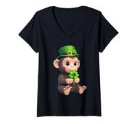 Women's St Patricks Day Monkey Holding Four Leaf Clover Shamrock Hat V-Neck T-Shirt