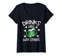 Women's St Patricks Day Mug Drinks Well with Others Saint Paddys Men V-Neck T-Shirt