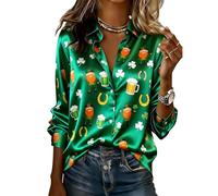 Womens St Patricks Day Outfits Satin Shirt 2026 Elegant Irish Shamrock Print Long Sleeve Button-Down Plus Size Shirts (Green, XXXXXL)