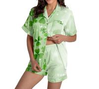 Women's St. Patrick's Day Pajamas Sets 2 Piece Outfits Short Sleeve Button Down Shirt Shorts Outfits Buckle Lapel Shirt Top with Pocket Holiday Loungewear For Holiday Comfort Homewear