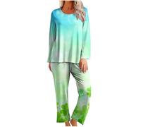Womens St. Patrick's Day Pajamas Sets, Lucky Shamrock Pyjamas Irish Clover Nightwear Long Sleeve Loungewear Green Sleepwear Pants Crew Neck Pjs Casual Loose Bottoms Ireland Novelty Pyjama Outfits