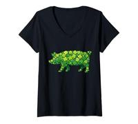 Women's St Patricks Day Shamrock Pig Irish Clover Lucky Green V-Neck T-Shirt