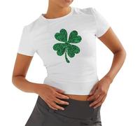Women's St. Patricks Day Short Sleeve Crop Tops Green Irish Clovers Going Out Tops Spring Casual Crewneck Tight T-Shirt Basic Blouse Tee Tops (Blue, S)