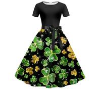 Women's St Patricks Day Short Sleeve Dress Plus Size Swing Dress A-Line Shamrock Irish Dresses Four Leaf Clover Pattern Costume Irish Dancing Dresses for Festival Rave Party Parade