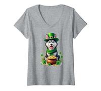 Womens St Patrick's Day Siberian Husky dog, Puppy, Cute V-Neck T-Shirt