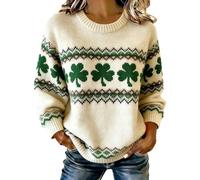 Womens St Patrick's Day Sweatshirts Crew Neck Long Sleeve Pullover Irish Fancy Dress Clover Print Sweater Jumpers St Paddys Day Tshirt Funny Ugly Shirts Lucky Irish Gift Top (A6-Beige, XXL)