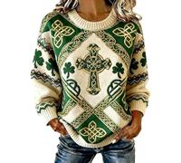 Womens St Patrick's Day Sweatshirts Crew Neck Long Sleeve Pullover Irish Fancy Dress Clover Print Sweater Jumpers St Paddys Day Tshirt Funny Ugly Shirts Lucky Irish Gift Top (A4-Green, M)