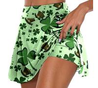 Women's St Patrick's Day Tennis Skirt with Shorts High Waist Athletic Walking Running Gym Skorts Irish Clover Shamrock Flowy Ruffle School Mini Skirt (A0a9-Beige, M)