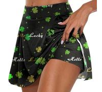 Women's St Patrick's Day Tennis Skirt with Shorts High Waist Athletic Walking Running Gym Skorts Irish Clover Shamrock Flowy Ruffle School Mini Skirt (A0a10-Grey, M)