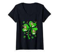 Women's St. Patrick's Day Three Cute Basset Hounds On Shamrocks V-Neck T-Shirt