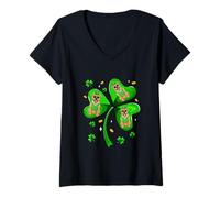 Women's St. Patrick's Day Three Cute Pit Bulls On Shamrocks Irish V-Neck T-Shirt