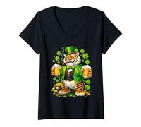 Women's St Patricks Day Tiger Leprechaun Hat Beer Shamrock Drinking V-Neck T-Shirt