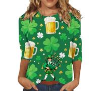 Women's St Patrick's Day Tops 3/4 Sleeve Saint Patrick's Day Shirts Lucky Clover T-Shirt Mask Shamrock Print Blouse Summer Ireland Graphic Tees Irish Celebration Tee March 17th Outfit,Za-Green2,5XL