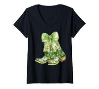 Womens St. Patricks Day Western Coastal Cowgirl Green Cowboy Boots V-Neck T-Shirt