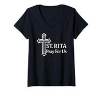 Womens St. Rita Pray for Us Catholic Christian Devotional V-Neck T-Shirt