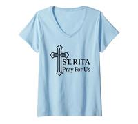Women's St Rita Pray for Us Catholic Saint Cross V-Neck T-Shirt