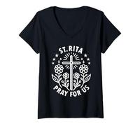 Womens St. Rita Pray for Us Catholic Saint Religious V-Neck T-Shirt
