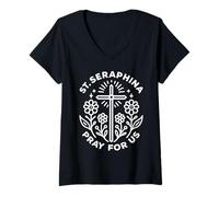 Womens St. Seraphina Pray for Us Catholic Cross Religious V-Neck T-Shirt