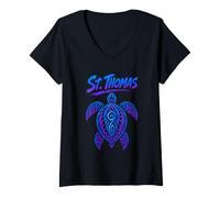 Women's St Thomas USVI Caribbean Tribal Turtle Tropical Beach Island V-Neck T-Shirt