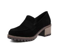 Women's Stacked Chunky Heel High Heel Penny Loafers,Ladies Trendy Vintage Memory Foam Comfortable Slip on Round Toe Leather Fancy Trending Business Office Party Going Out Everyday Shoe (Black,6.5)