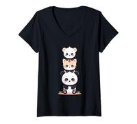 Women's Stacked Panda Cat Bear Animal Design V-Neck T-Shirt
