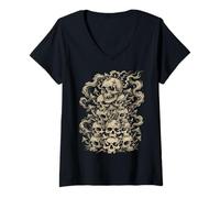 Women's Stacked Skulls Mushroom Gothic Vintage Art V-Neck T-Shirt