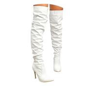 Women's Stacked Thigh High Boots Faux Leather Elasticity Heels Over The Knee Boots Side Zip Pointed Toe Winter Stiletto Knee High Boots