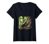 Women's Stag Beetle Tree Bark Wildlife Insect Forest Scene V-Neck T-Shirt