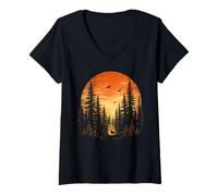 Women's Stag Deer Sunset Pine Forest Wilderness Explorer V-Neck T-Shirt