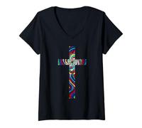 Womens Stained Glass Cross Christian Christmas Christianity V-Neck T-Shirt
