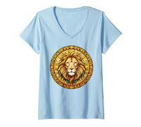 Womens Stained Glass Lion Leo Cathedral Geometric Mosaic V-Neck T-Shirt