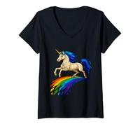 Womens Stained Glass Magical Unicorn Leaping Over Mosaic Rainbow V-Neck T-Shirt