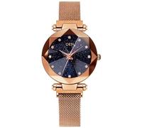 Women's Stainless Steel Quartz Watch with Magnetic Mesh Strap Waterproof Starry Dial - Rose Gold