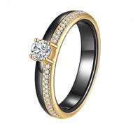 Women's Stainless Steel Solitaire Raised Cubic Zircon Inlaid Half Eternity Ceramic Ring 4MM Treny Couple Wedding Finger Jewelry Gold Black Size 8