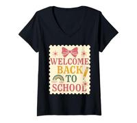 Womens Stamp Welcome Back to School Teacher Appreciation Boys Girls V-Neck T-Shirt