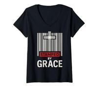 Womens Stamped by Grace Ephesians 2:8 Christian Barcode Cross Faith V-Neck T-Shirt