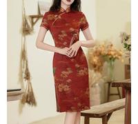 Womens Stand Collar Cheongsam Dress with Classic Chinese Retro Fashion for Casual and Festival Wear (XXXXL Red)